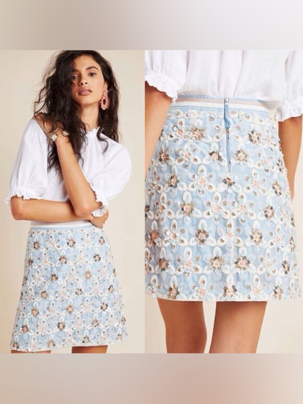 Size 4 Anthropologie Maeve Persephone beaded sequin embroidered blue pink skirt